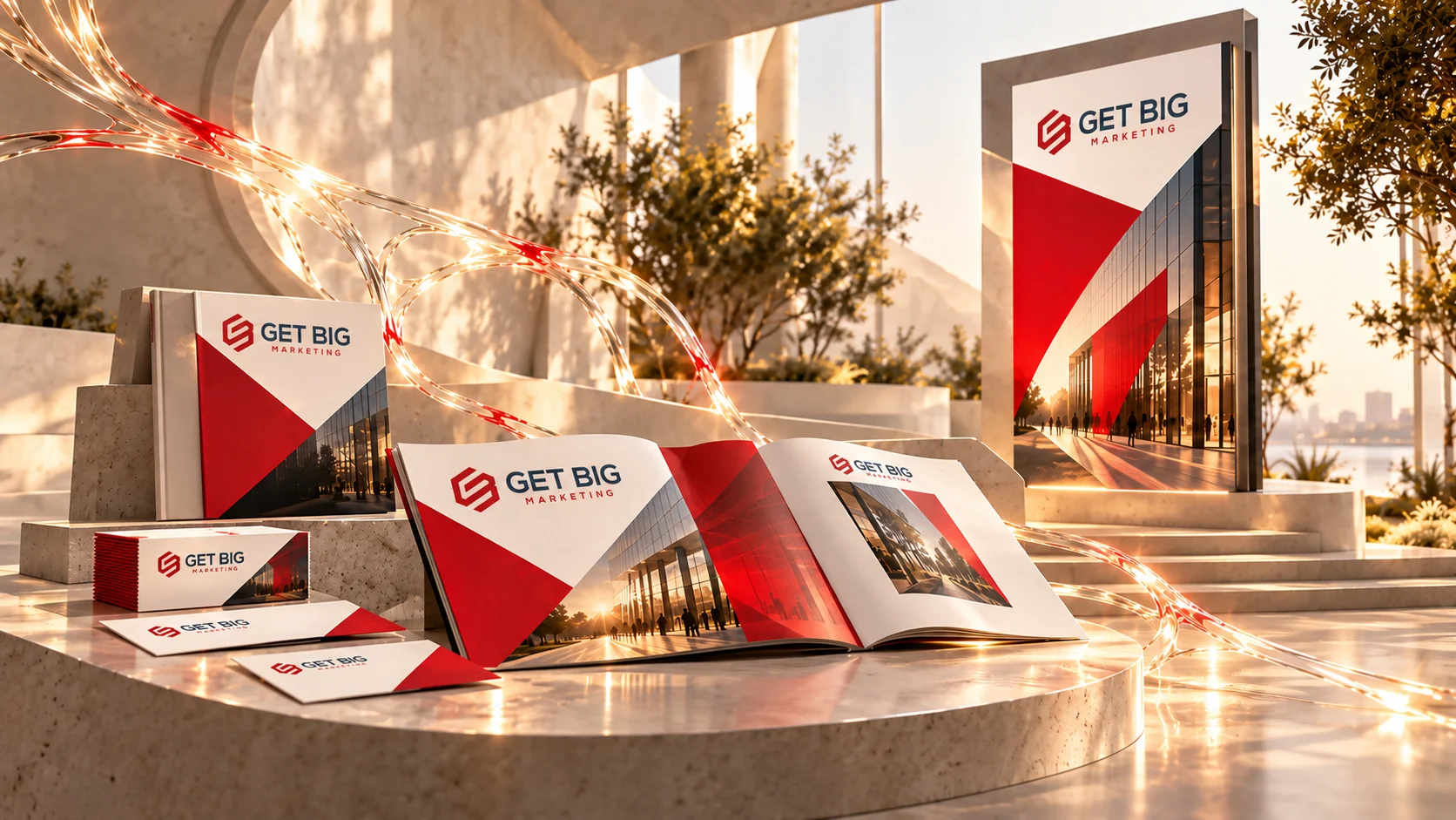 Abstract studio illustration representing a print and promotional materials campaign