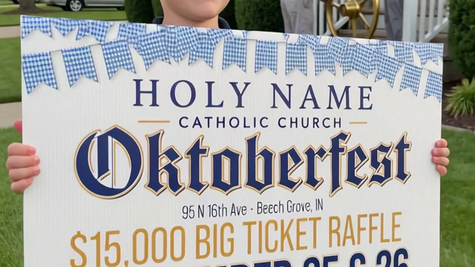 Printed Holy Name Oktoberfest yard sign — navy and gold