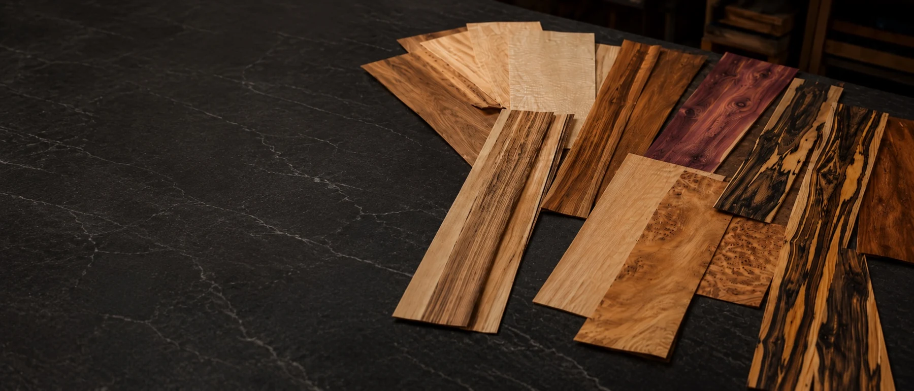 Premium wood veneer fan spread — application visualization, visual direction only